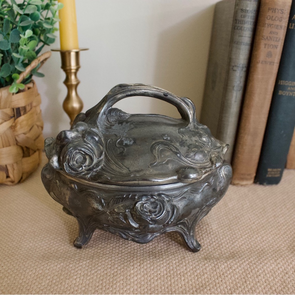 Antique Victorian Cast Metal Jewelry Trinket Box with Floral Design